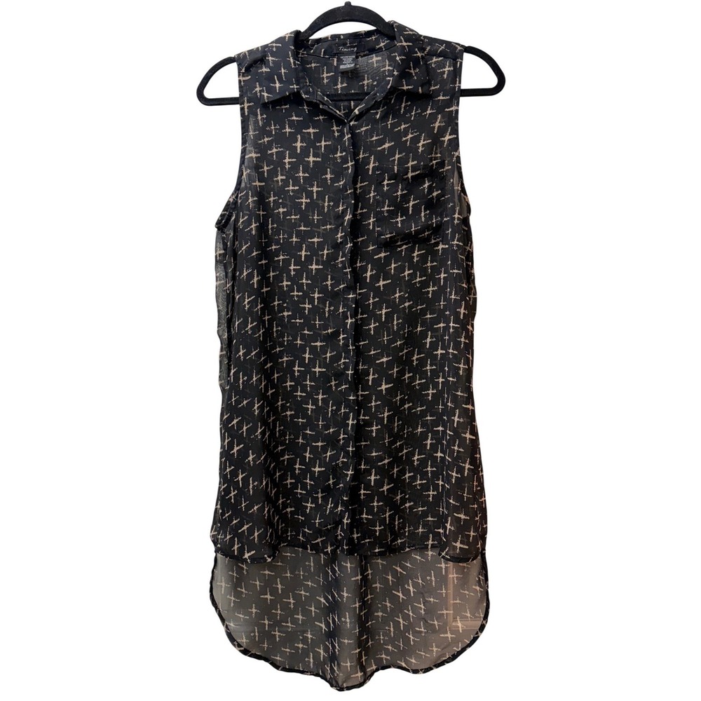 Timing Women's Sleeveless Hi Low Sheer Blouse Black Cross Print L
